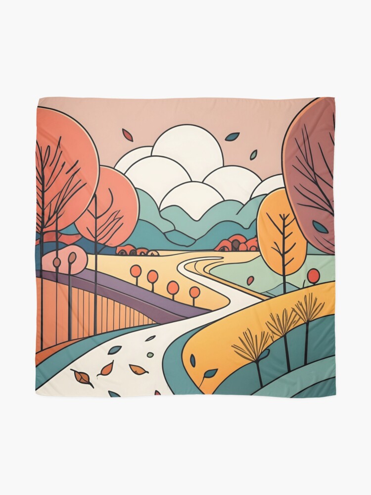 Thumbnail 2 of 3, Scarf, Autumn Landscape Minimalistic Drawing designed and sold by Patricks-Art.