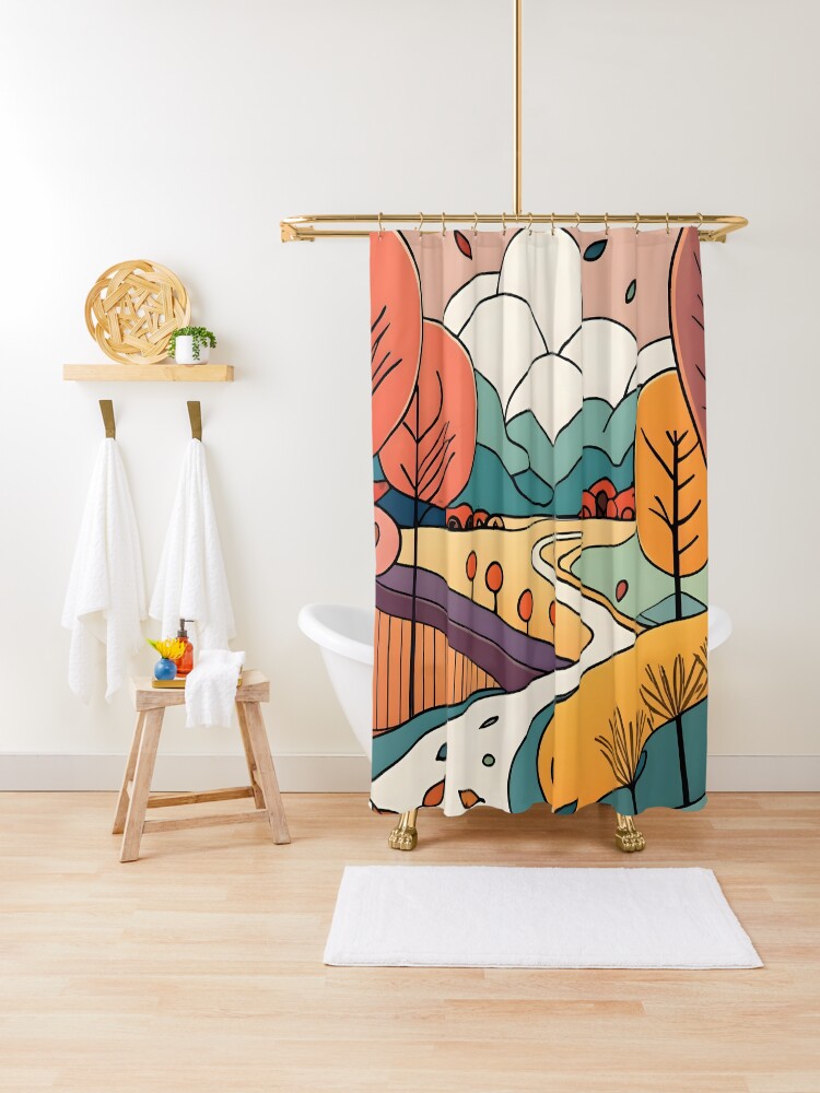 Thumbnail 1 of 5, Shower Curtain, Autumn Landscape Minimalistic Drawing designed and sold by Patricks-Art.