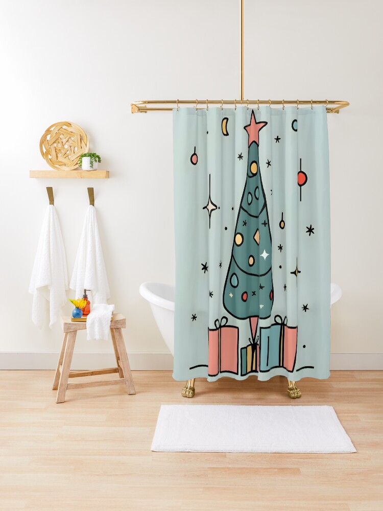 Thumbnail 1 of 5, Shower Curtain, Christmas Tree Minimalistic Drawing designed and sold by Patricks-Art.