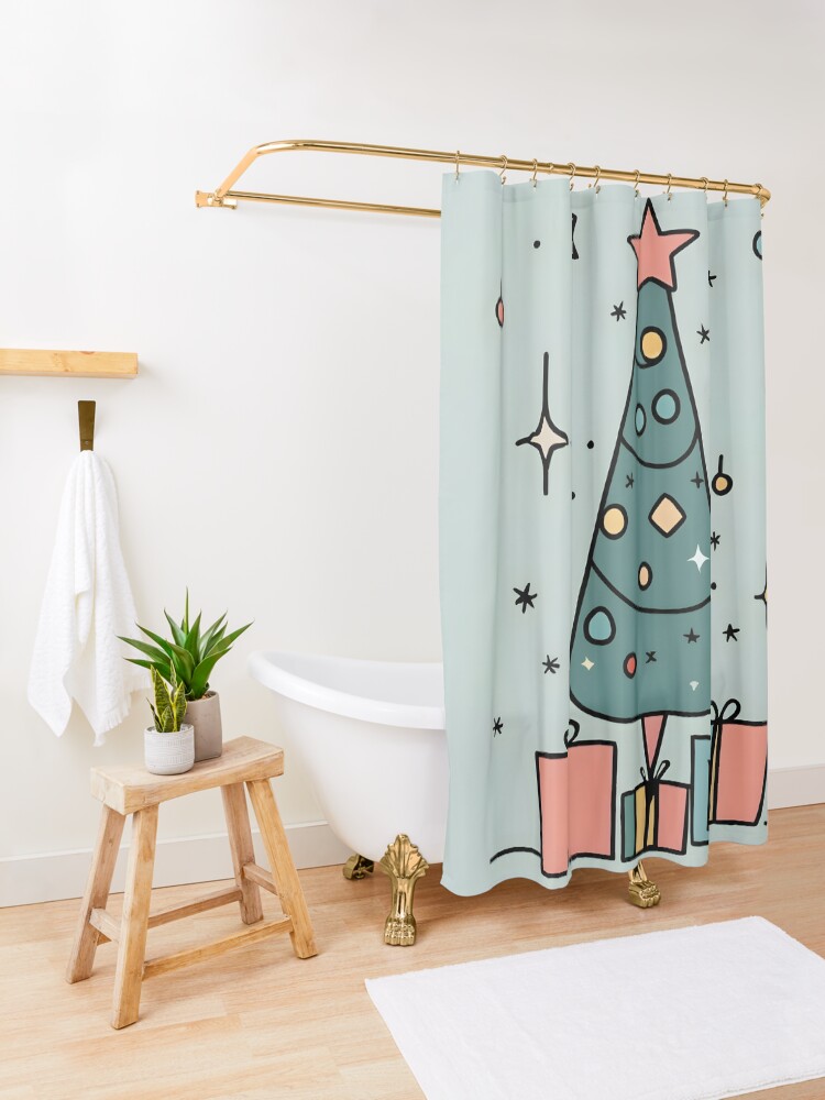 Thumbnail 3 of 5, Shower Curtain, Christmas Tree Minimalistic Drawing designed and sold by Patricks-Art.
