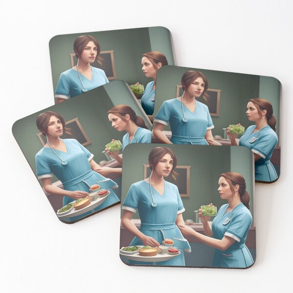 Item preview, Nurses wearing light blue scrubs, having lunch in the common room designed and sold by Colin Bentham.
