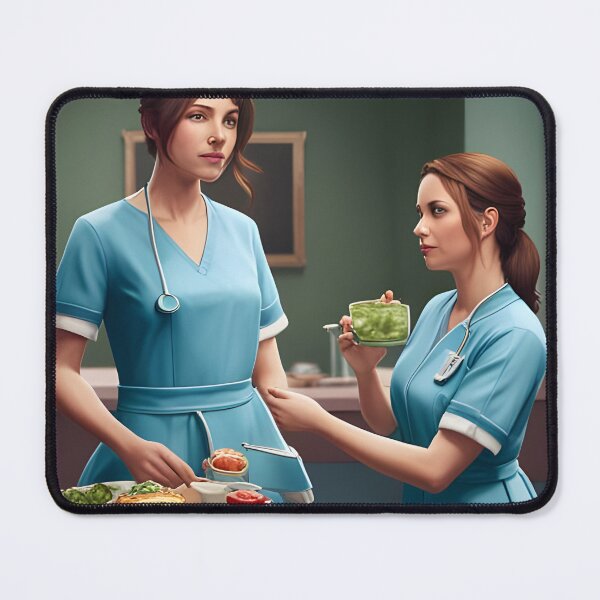 Item preview, Nurses wearing light blue scrubs, having lunch in the common room designed and sold by Colin Bentham.