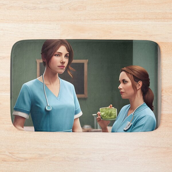 Item preview, Nurses wearing light blue scrubs, having lunch in the common room designed and sold by Colin Bentham.