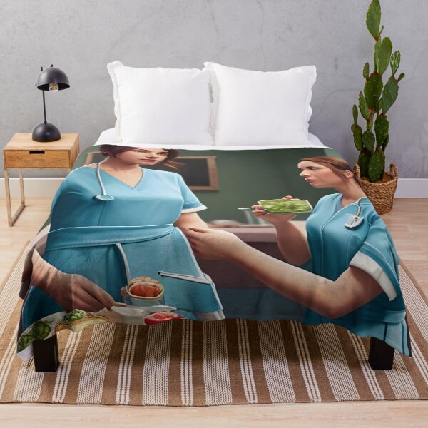 Item preview, Nurses wearing light blue scrubs, having lunch in the common room designed and sold by Colin Bentham.