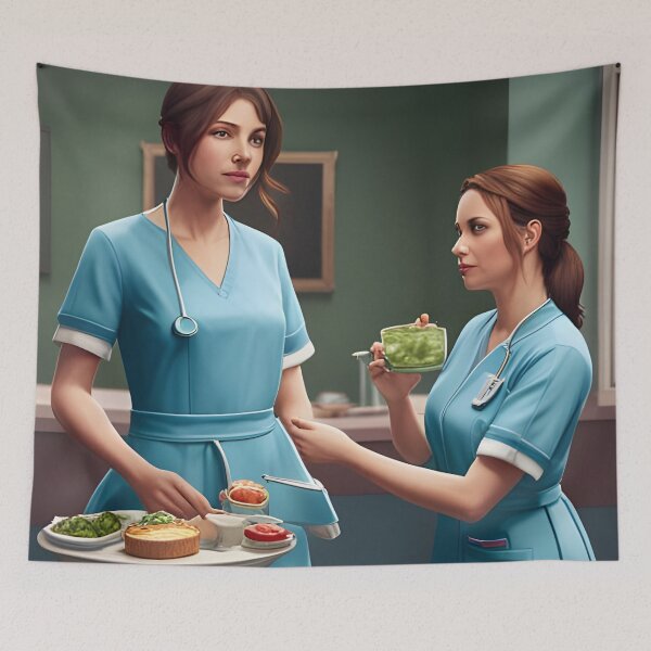 Item preview, Nurses wearing light blue scrubs, having lunch in the common room designed and sold by Colin Bentham.