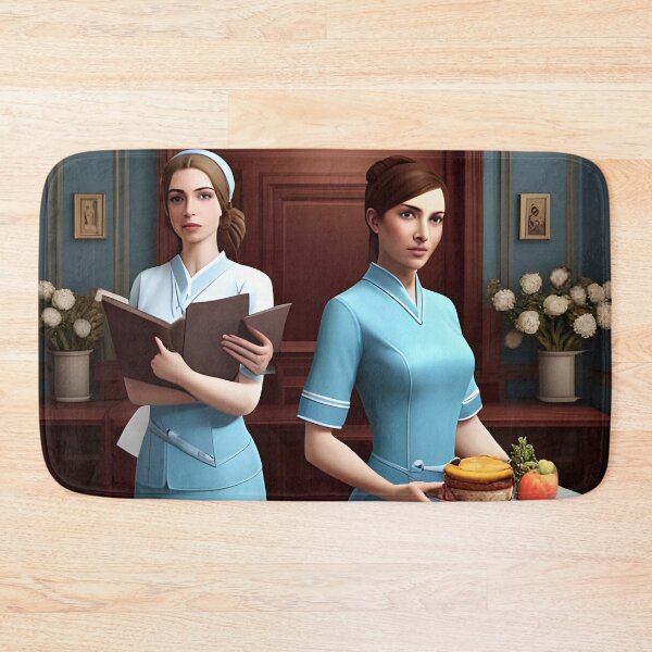 Item preview, Nurses wearing light blue scrubs, having lunch in the common room designed and sold by Colin Bentham.
