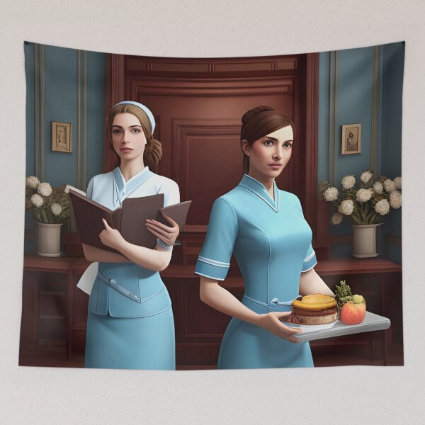 Item preview, Nurses wearing light blue scrubs, having lunch in the common room designed and sold by Colin Bentham.