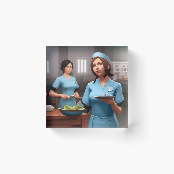 Item preview, Nurses wearing light blue scrubs, having lunch in the common room designed and sold by Colin Bentham.
