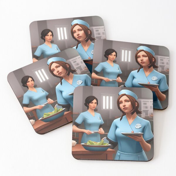 Item preview, Nurses wearing light blue scrubs, having lunch in the common room designed and sold by Colin Bentham.