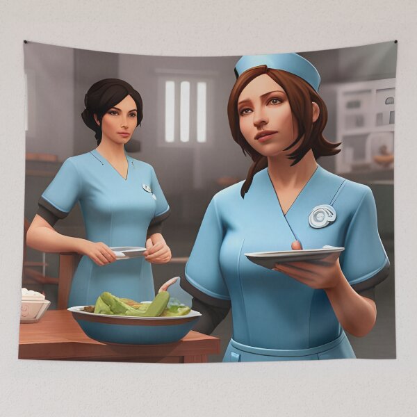 Item preview, Nurses wearing light blue scrubs, having lunch in the common room designed and sold by Colin Bentham.