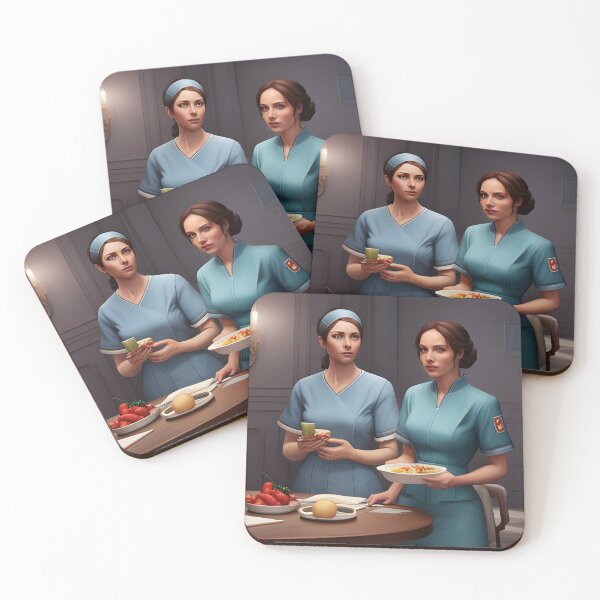 Item preview, Nurses wearing light blue scrubs, having lunch in the common room designed and sold by Colin Bentham.