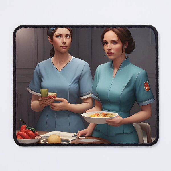 Item preview, Nurses wearing light blue scrubs, having lunch in the common room designed and sold by Colin Bentham.