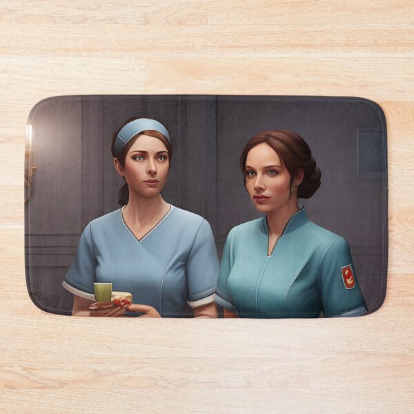 Item preview, Nurses wearing light blue scrubs, having lunch in the common room designed and sold by Colin Bentham.