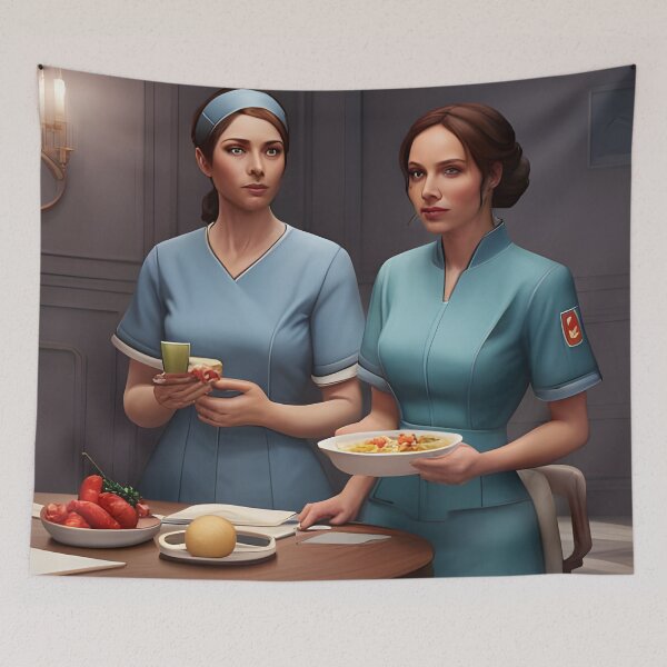 Item preview, Nurses wearing light blue scrubs, having lunch in the common room designed and sold by Colin Bentham.