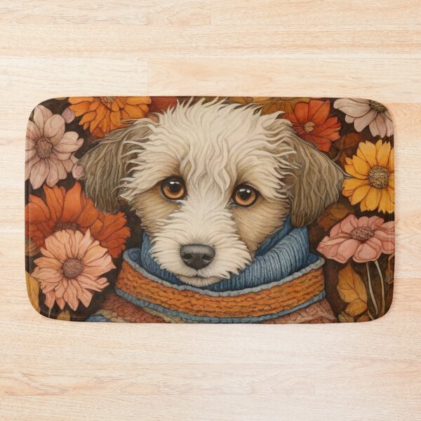Item preview, Cute dog in a cozy sweater among autumn flowers - small portrait. designed and sold by SaraSumi.