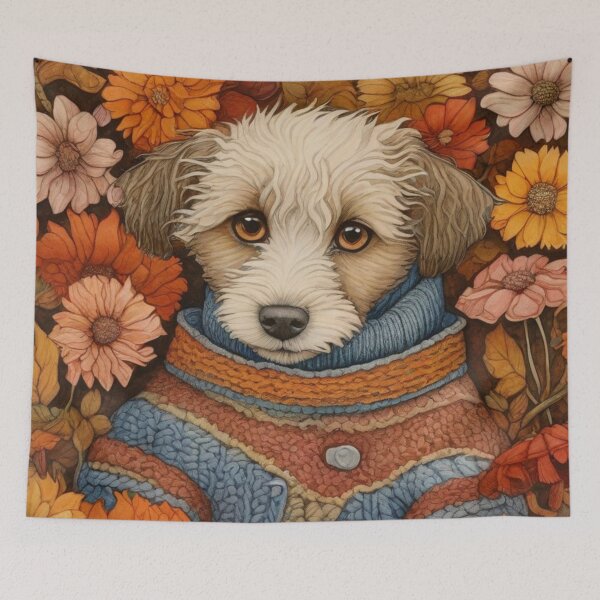 Item preview, Cute dog in a cozy sweater among autumn flowers - small portrait. designed and sold by SaraSumi.