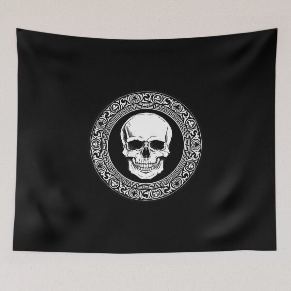 Item preview, Skull in a circle Greek ornament on a black background designed and sold by MrDeebshop.