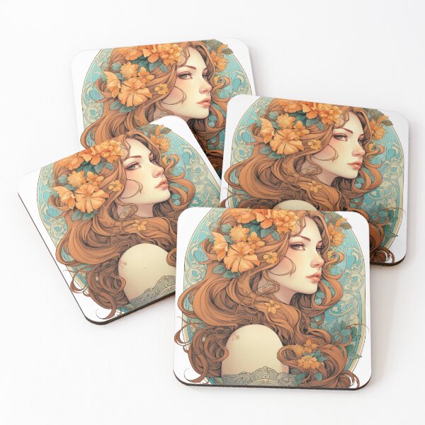 Item preview, Brunette with Orange Flowers in her hair - Art Nouveau Style designed and sold by ArtNouveauChic.