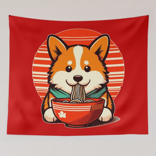 Item preview, Cute retro corgi eat noodle ramen designed and sold by TomFrontierArt.