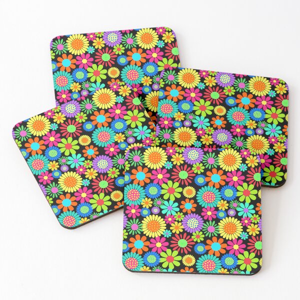 Item preview, Retro Flower Power Neon Floral on Black designed and sold by ArtMeetsPizza.