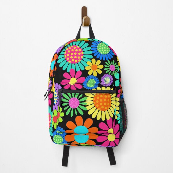 Item preview, Retro Flower Power Neon Floral on Black designed and sold by ArtMeetsPizza.