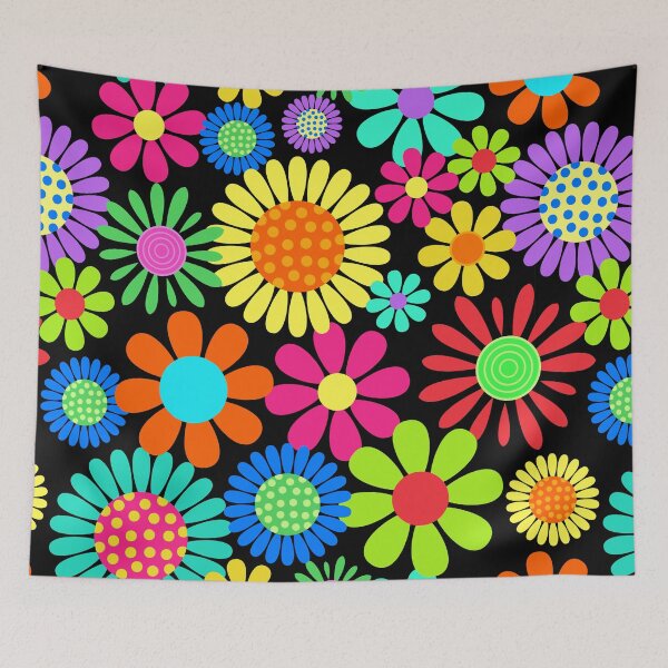 Item preview, Retro Flower Power Neon Floral on Black designed and sold by ArtMeetsPizza.