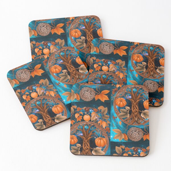 Item preview, Tree of life inserted in a circle, Celtic symbol, containing pumpkins for Halloween, fruits and autumn leaves, blue background designed and sold by Creativesphotos.