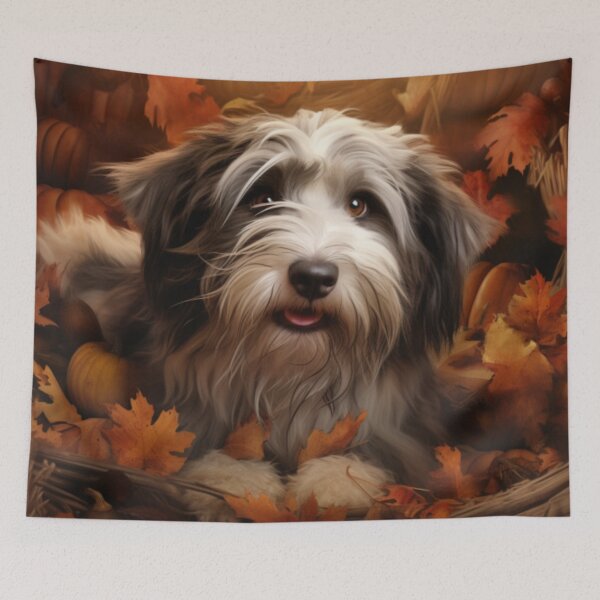 Item preview, Schapendoes Playing In Autumn Leaves designed and sold by ZenEverAI.