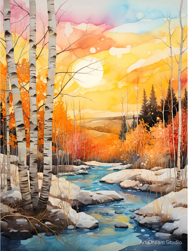 River Dance Alaskan wall high quality art decor winter river birch tree mountain art pastel sky alaska paper birch colorful artwork