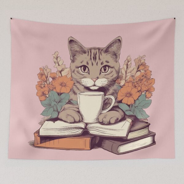 Artikelvorschau, Süße Katze, Bücher, Kaffee und Blumen entworfen und verkauft von Bilisik.