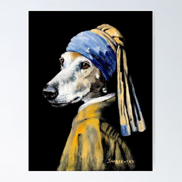 Item preview, Galgo with a Pearl Earring, Brindle Greyhound Vermeer Art designed and sold by SaarikoskiArt.