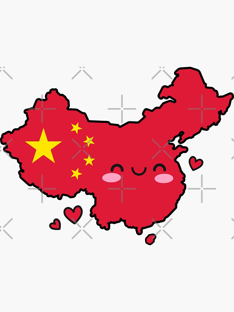 Aperçu 3 sur 3. Sticker avec l'œuvre Carte du drapeau de la Chine Sourire avec amour créée et vendue par pixelsparkzone.