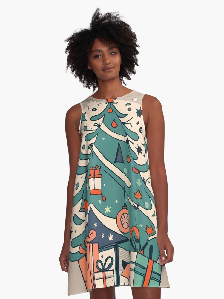 Thumbnail 1 of 4, A-Line Dress, Modern Christmas Tree Minimalistic Drawing designed and sold by Patricks-Art.