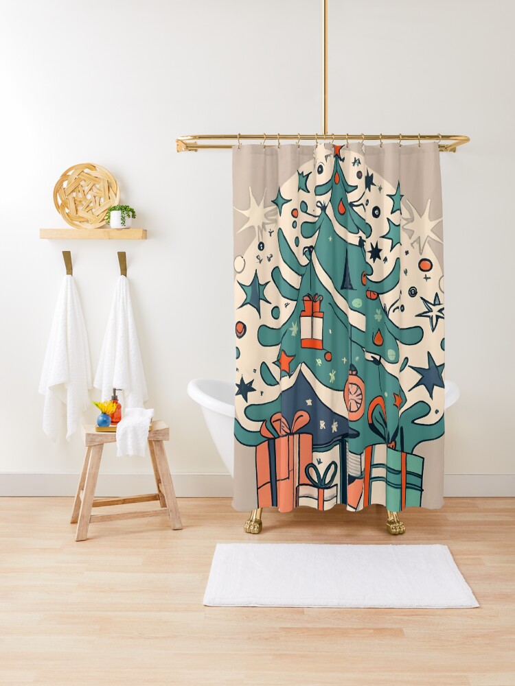 Thumbnail 1 of 5, Shower Curtain, Modern Christmas Tree Minimalistic Drawing designed and sold by Patricks-Art.