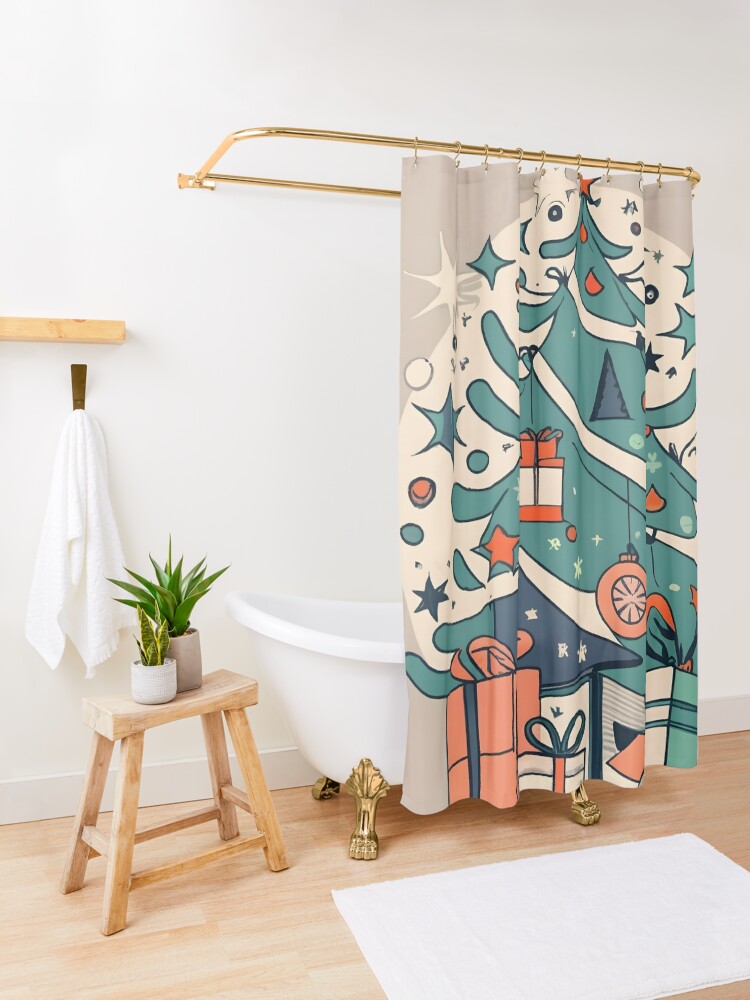 Thumbnail 3 of 5, Shower Curtain, Modern Christmas Tree Minimalistic Drawing designed and sold by Patricks-Art.