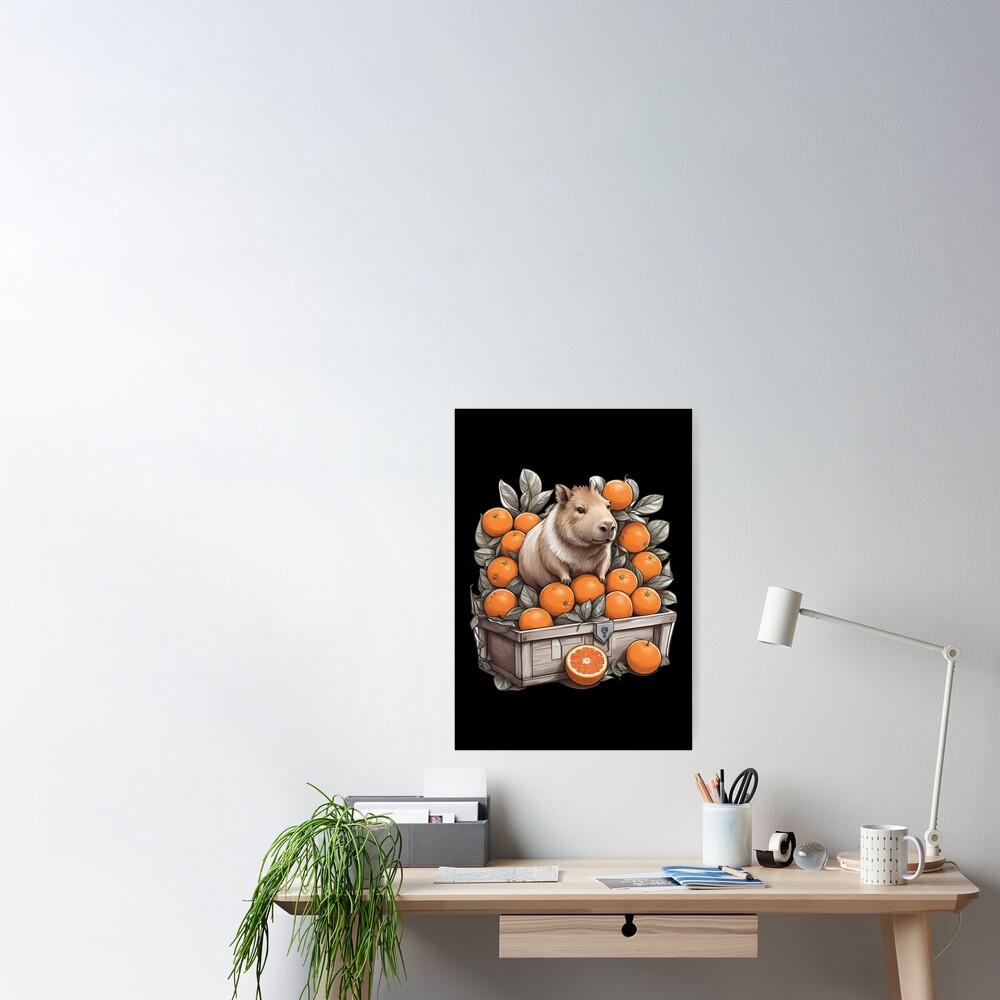 Capybara nestled in a chest overflowing with oranges Poster for