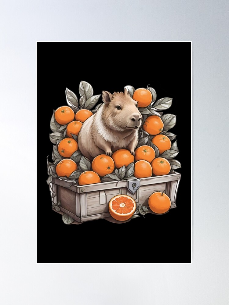 Capybara nestled in a chest overflowing with oranges Poster for