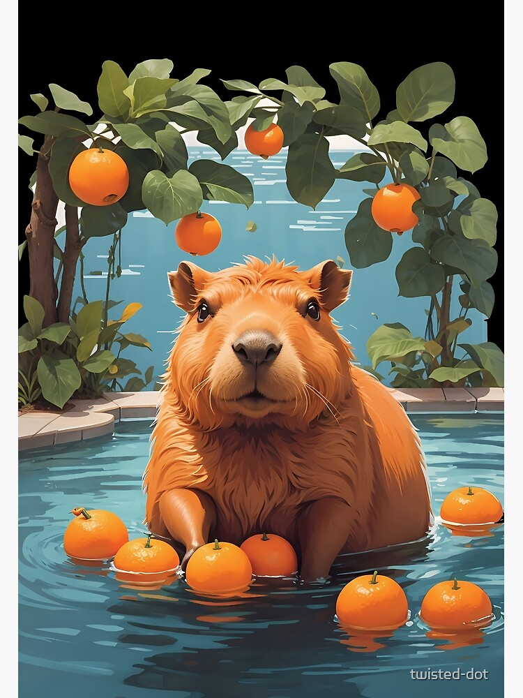 Capybara nestled in a chest overflowing with oranges Sticker for