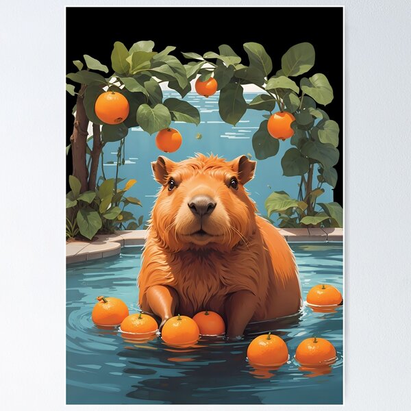 Capybara swimming in a pool full of oranges Poster for Sale by twisted-dot