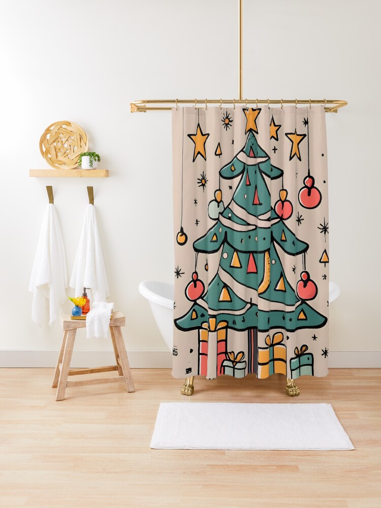 Thumbnail 1 of 5, Shower Curtain, Modern Christmas Tree Minimalistic Drawing designed and sold by Patricks-Art.
