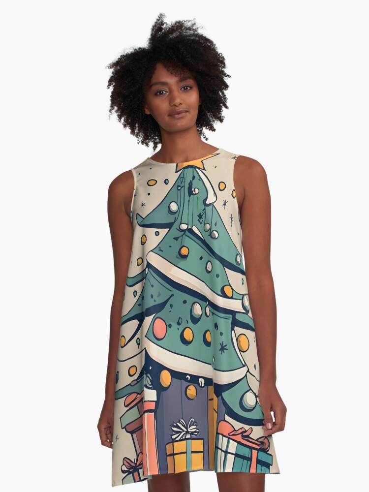 Thumbnail 1 of 4, A-Line Dress, Modern Christmas Tree Minimalistic Drawing designed and sold by Patricks-Art.