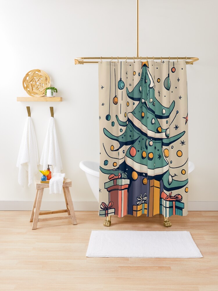 Thumbnail 1 of 5, Shower Curtain, Modern Christmas Tree Minimalistic Drawing designed and sold by Patricks-Art.