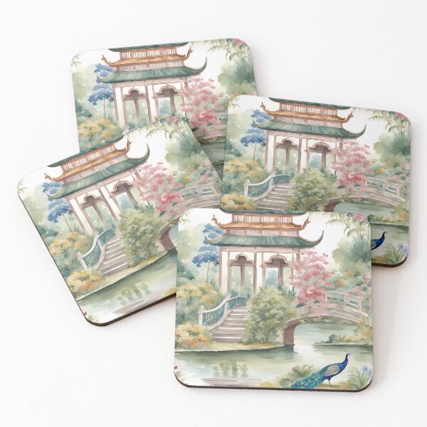 Item preview, Peacock in pagoda garden watercolor painting designed and sold by SophieClimaArt.
