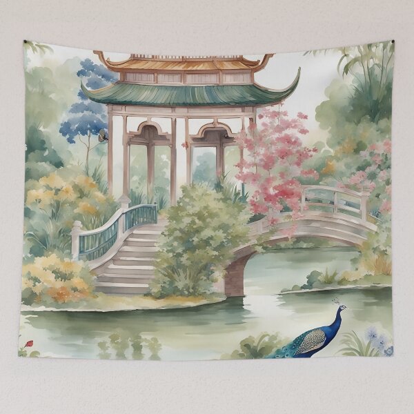 Item preview, Peacock in pagoda garden watercolor painting designed and sold by SophieClimaArt.