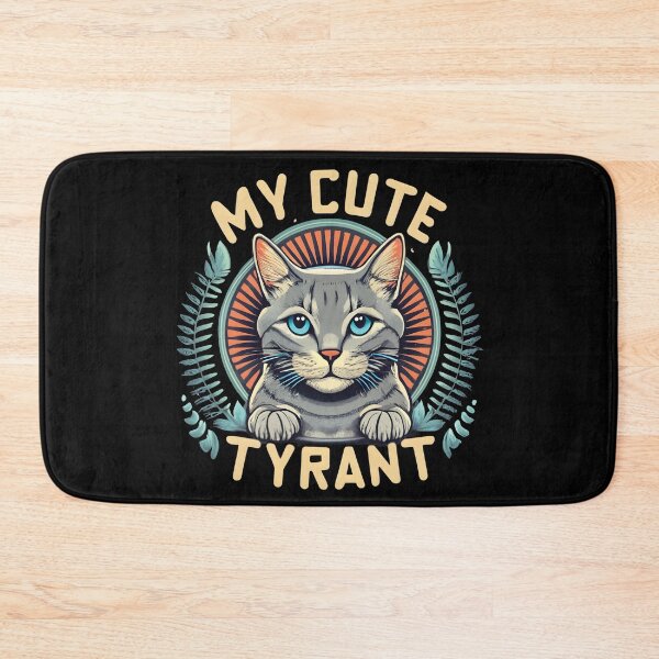 Item preview, My Cute Tyrant: A Digital Art of a Gray Cat with Blue Eyes and a Wreath of Leaves on a Black Background with the Words "My Cute Tyrant" designed and sold by nicestr.