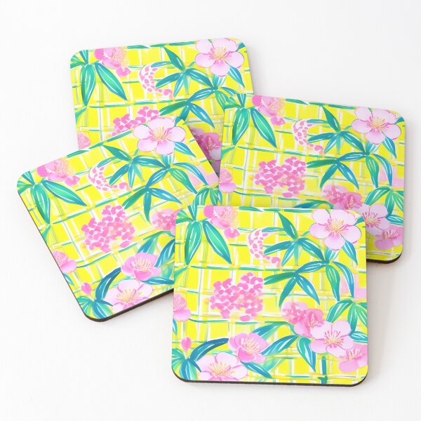 Item preview, Preppy pink flowers and green leaves on yellow  designed and sold by SophieClimaArt.