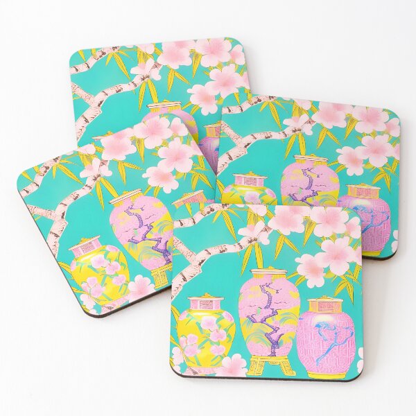 Item preview, Preppy pink and yellow chinoiserie jars on turquoise designed and sold by SophieClimaArt.