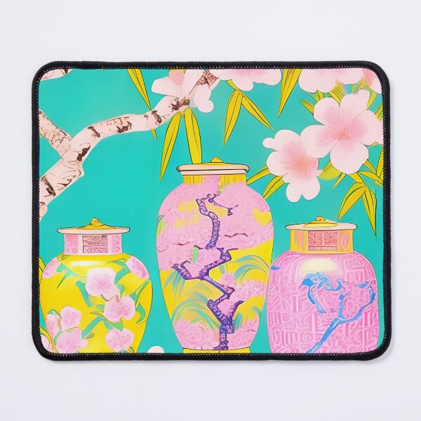 Item preview, Preppy pink and yellow chinoiserie jars on turquoise designed and sold by SophieClimaArt.