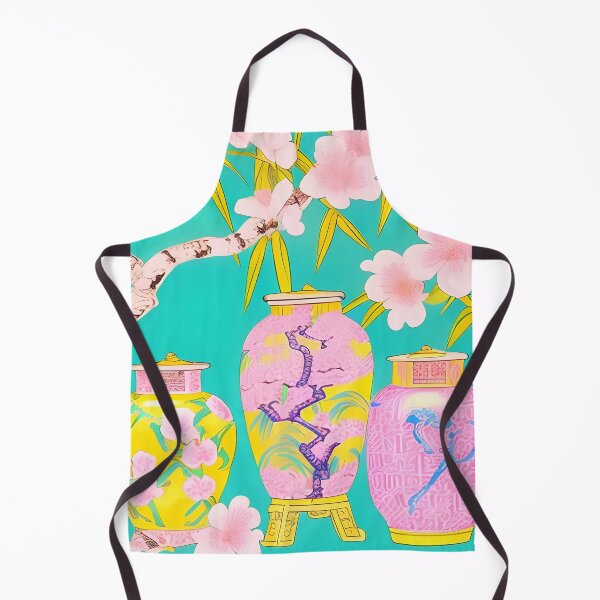 Item preview, Preppy pink and yellow chinoiserie jars on turquoise designed and sold by SophieClimaArt.