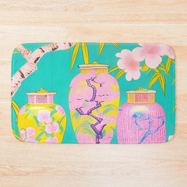Item preview, Preppy pink and yellow chinoiserie jars on turquoise designed and sold by SophieClimaArt.